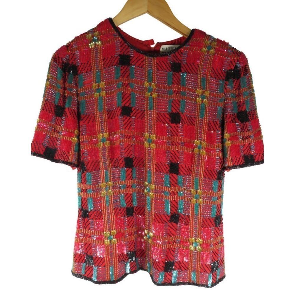 Niteline Vintage Silk‎ and Sequin Plaid Top - M